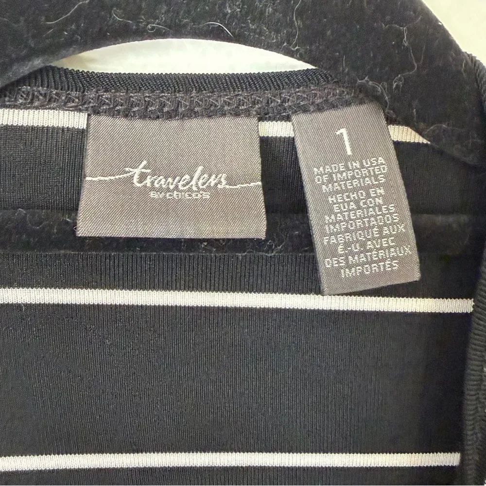 Chicos Travelers Sz 1 (Medium 8) Mixed Stripe Open Front Cardigan Black White